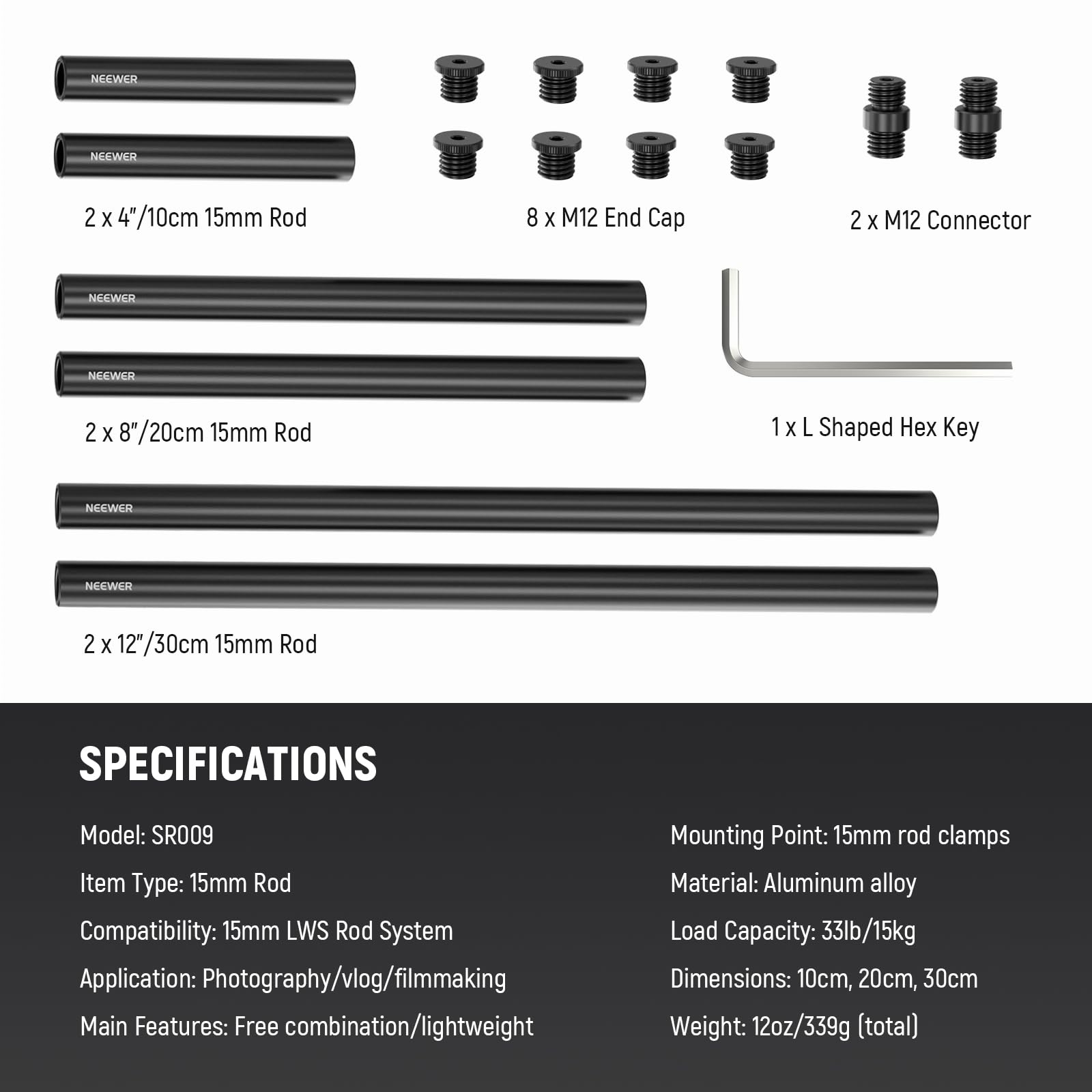 NEEWER 15mm Rods LWS Sistema, 3 Pares de 15mm Varillas de Extensión(4"/10cm, 8"/20cm, 12"/30cm) Combinación para Rig LWS Rod de Hombro Sistema de Soporte Compatible con SmallRig Video Rig, SR009