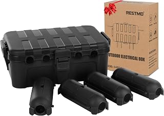 RESTMO IP54 Extra Large Outdoor Box w/ 6 Cable Seal Entry, Bundle w/ 4 Small Weatherproof Extension Cord Safety Cover, Protect Power Strip, Timer Outlet Plug, Christmas Decoration, Black.