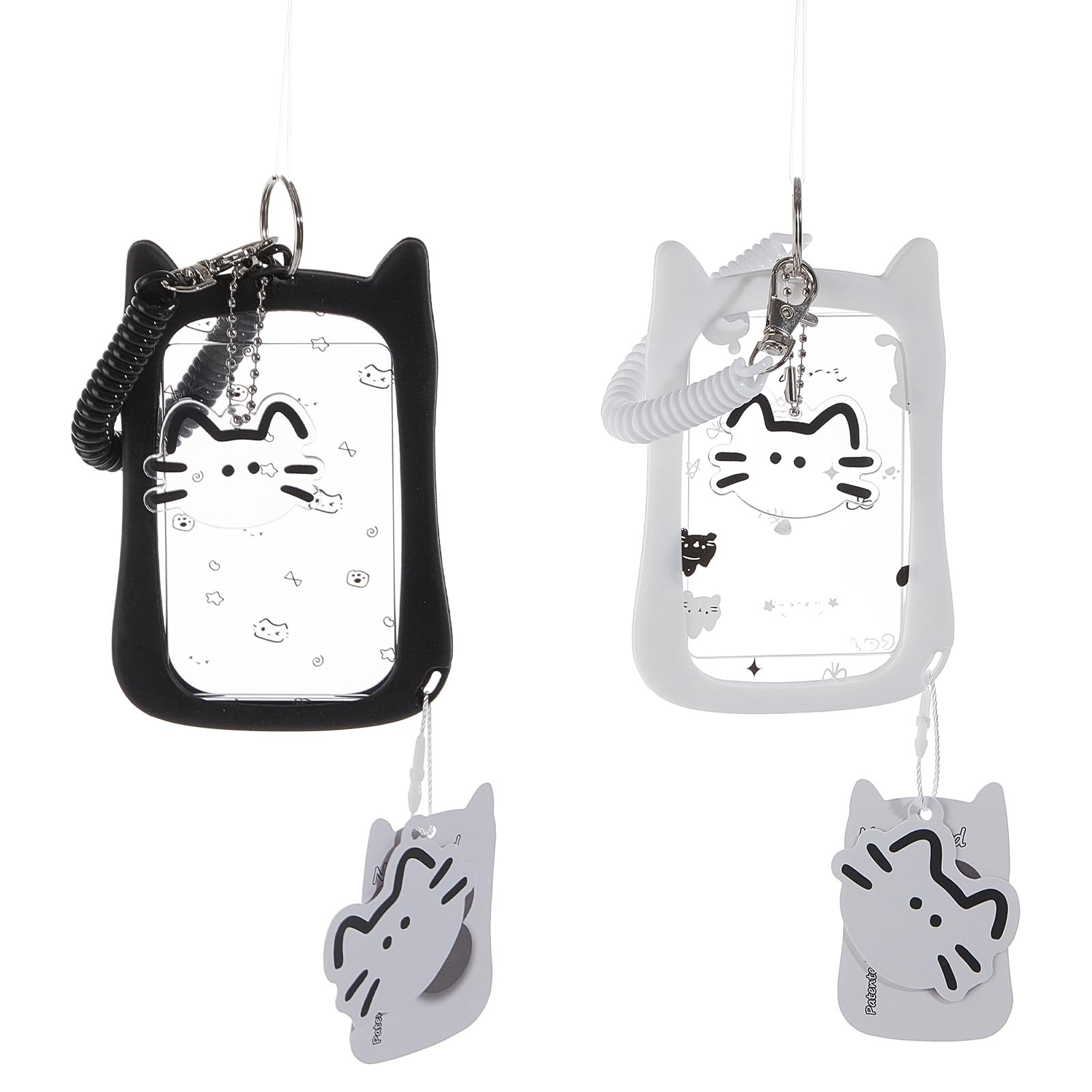 NICENEEDED 2 PCS Kpop Photocard Holder with Cartoon Cat Keychain, Kawaii Silicone White Black ID Holder, Transparent Photo Display Holder for Stationery Office Supplies