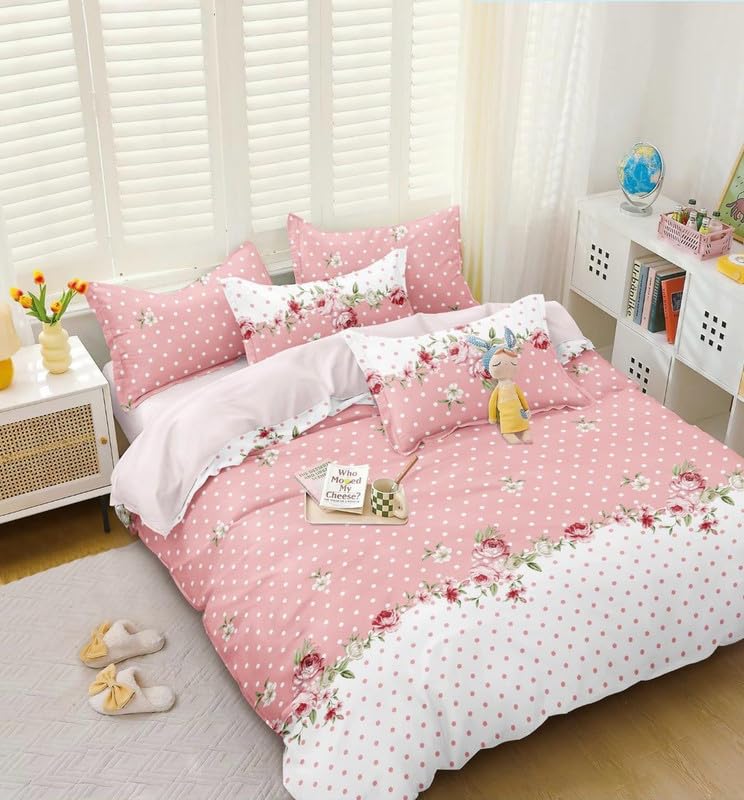 Image of Jashan Premium Cotton Fitted Bedsheets with 2 Pillow Covers for King Bed | 200-220 TC | Size 78x72+10 Inches | Pink White | Soft, Durable, All-Around Elastic Modern Collections
