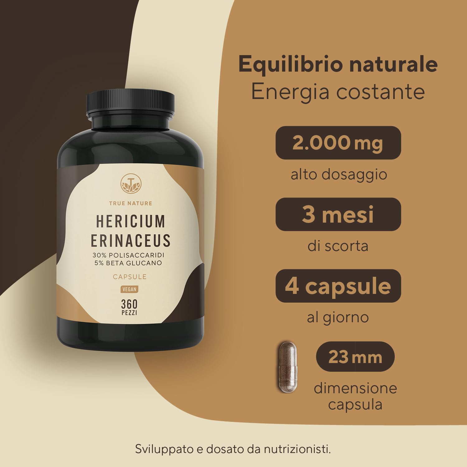 Lions Mane - 360 Capsule - 60000mg (Estratto 30:1) Alto dosaggio - Hericium Erinaceus 30% Polisaccaridi e 5% Beta Glucano - criniera di leone - Testato in Laboratorio - TRUE NATURE®