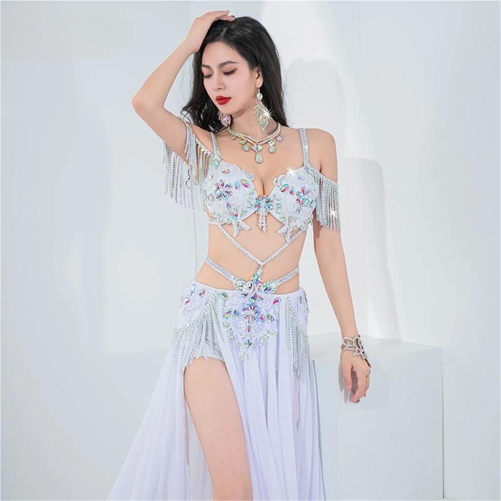 Vestiti da Ballo Latino Belly Dance Popsong Performance Tassel Bra+Sexy Long Skirt 2pcs Oriental Competition Set
