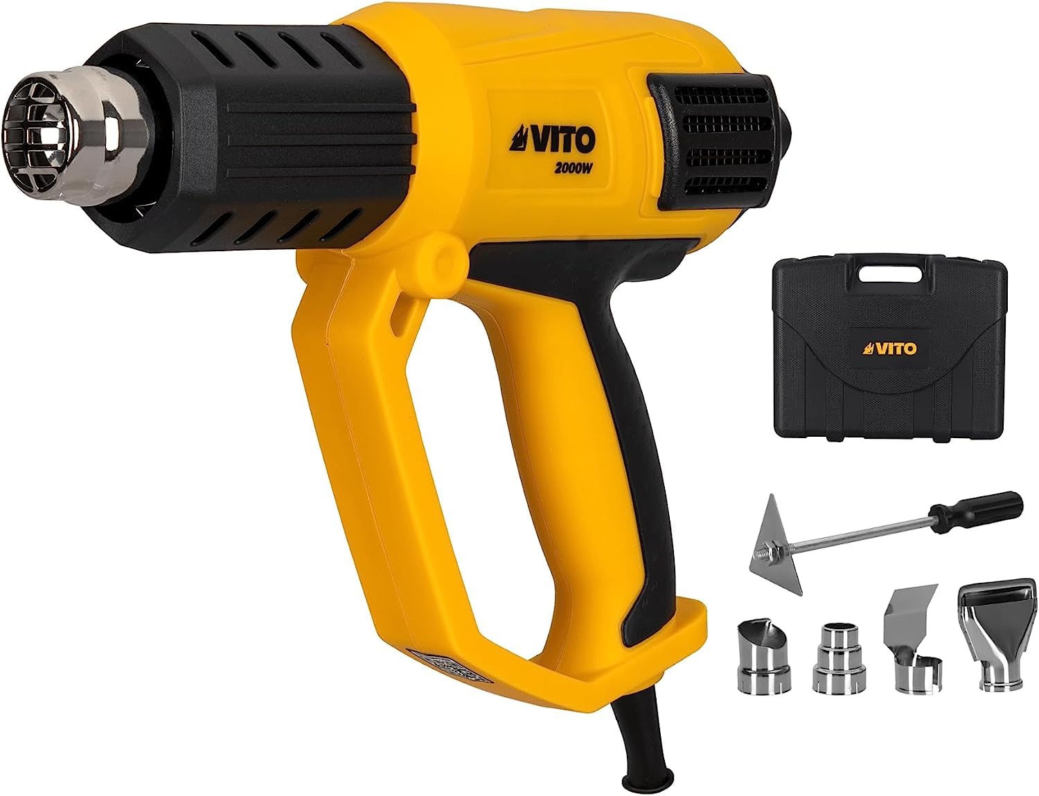 VITO VIPAQD2000 Pistolet na gorące powietrze 2000 W do 50 do 650 °C cyfrowy wraz z zestawem dysz w walizce – 3 ustawienia temperatury, dmuchawa gorącego powietrza, szybkie nagrzewanie do usuwania