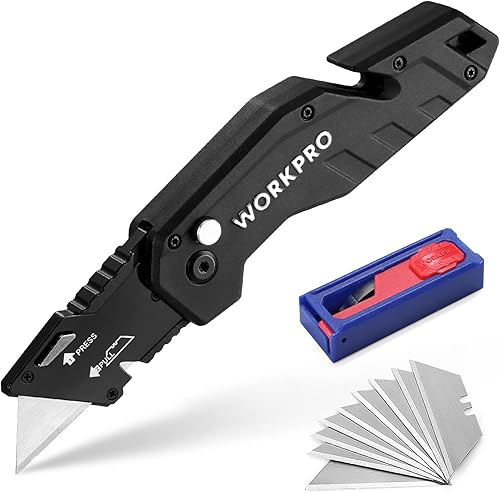 WORKPRO Cuchillo utilitario plegable, cortador de caja con clip para cinturón, hoja de cambio rápido, mango ligero de nylon, pelacables y gancho