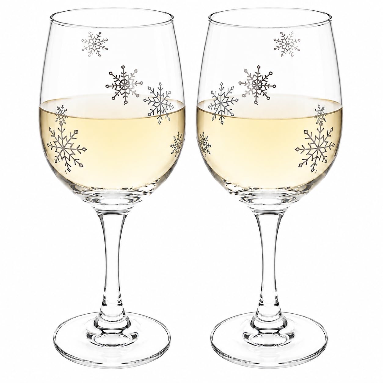 Bicchieri da vino con fiocco di neve – Calici da vino con steli di neve argentati stampati su ogni lato – Set di 2 – 19,7 cm di altezza – Capacità 350 ml