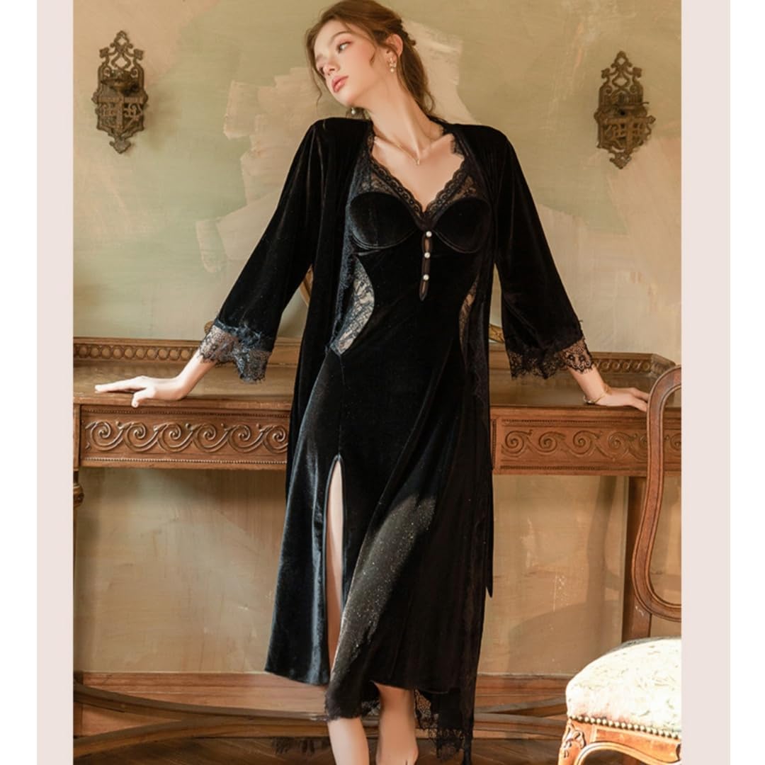 Vestaglia Donna Completo Intimo in Stile Francese, Sexy Ed Elegante, Composto da Camicia da Notte Lunga in Velluto Trasparente con Spacco, Completa di Vestaglia E Abito da Notte.