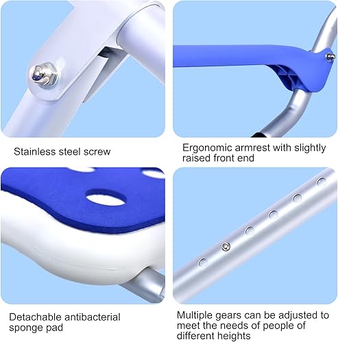 Miniatura 4 de Silla de baño plegable, sillas de ducha con respaldo y reposabrazos ajustables para movilidad, 6 niveles de altura ajustable con forma de U, con