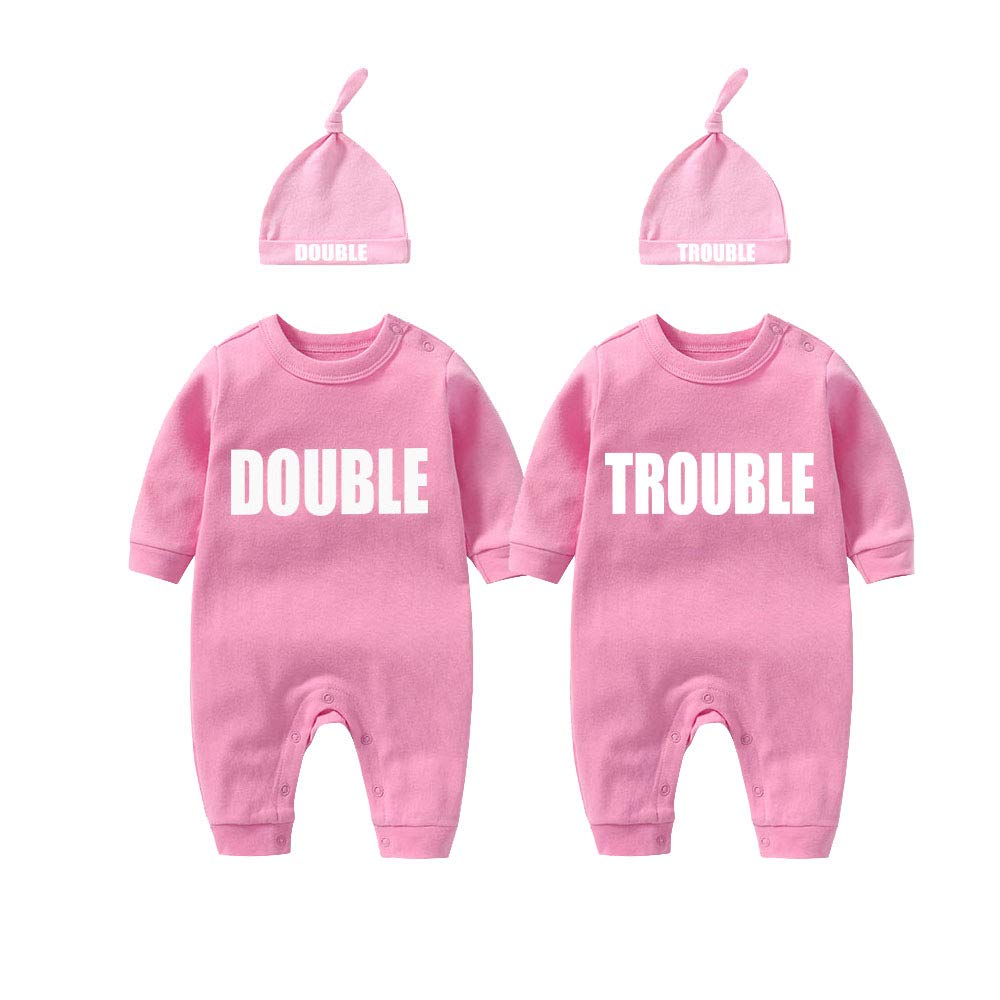 culbutomind Baby Twins Bodysuits Double Trouble Newborn Clothes Cute Unisex Romper Infant Twin Outfits With Hat(pink 6m)