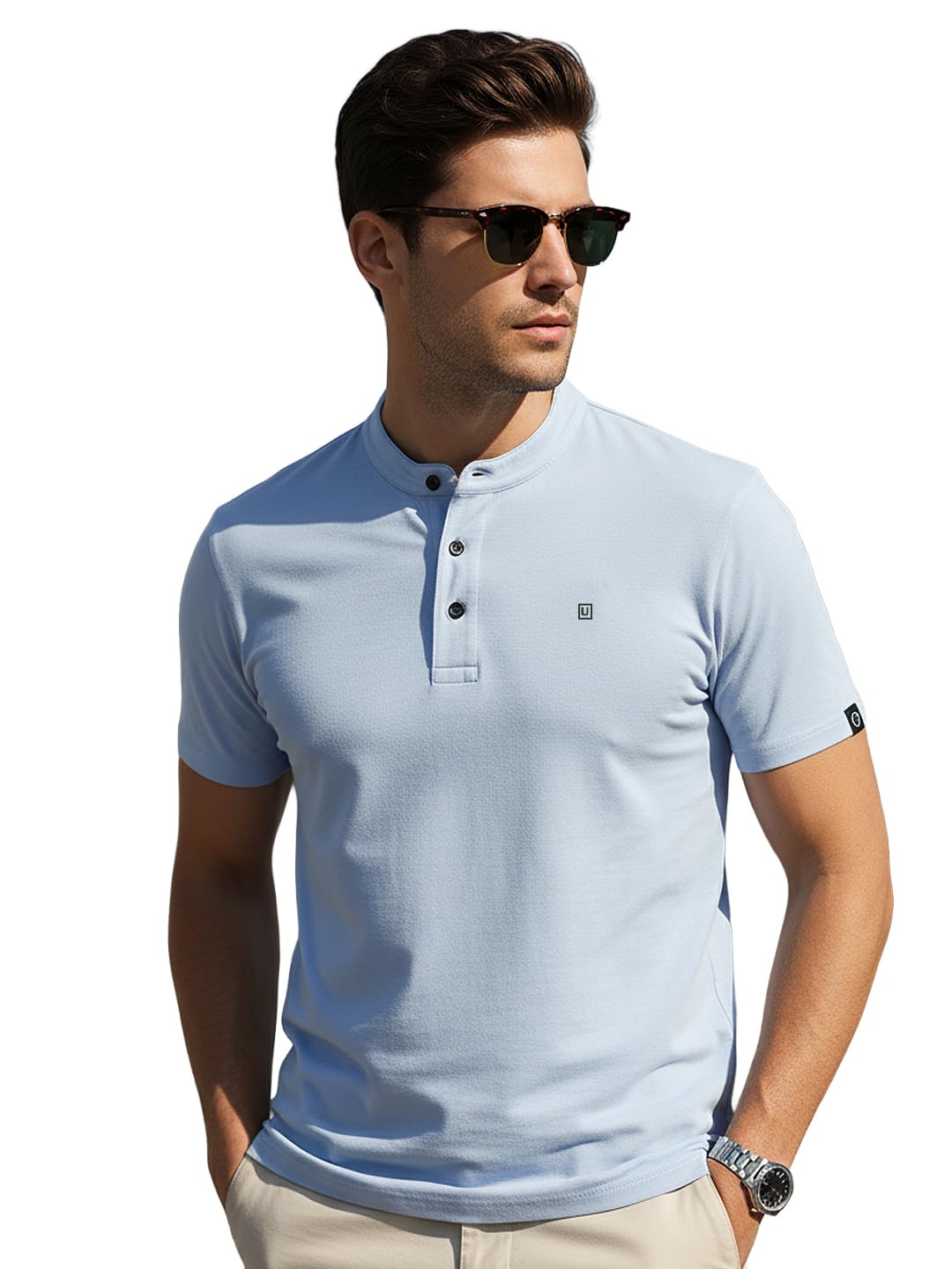 Libas Men's Solid Mandarin Collar Slim Fit Half Sleeve Cotton T-Shirt in neutral