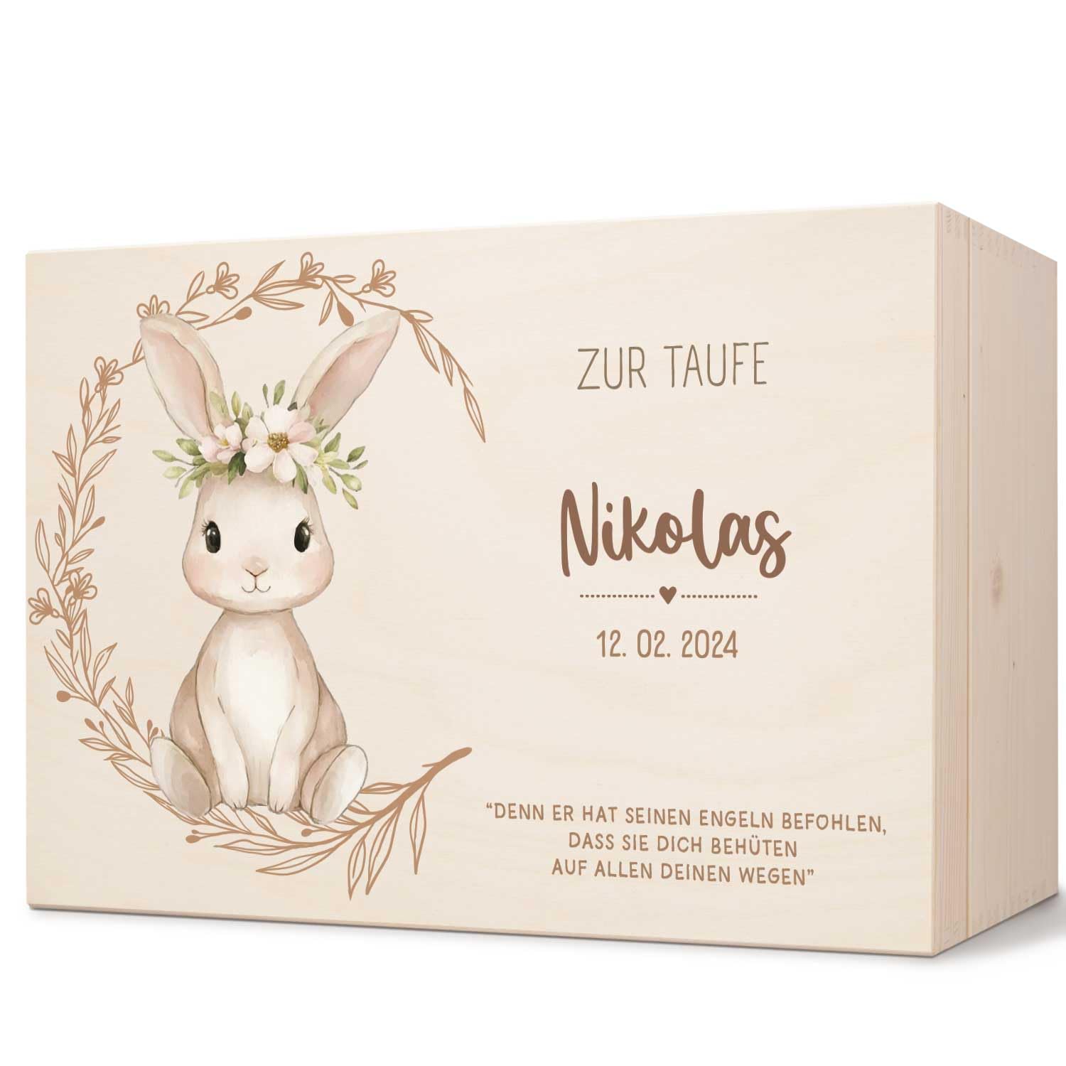 GRAVURZEILE Bedruckte Erinnerungskiste - Tiere Taufe - Personalisiert mit Name & Datum - Erinnerungsbox für Mädchen & Jungen - Geschenk zur Kommunion, Konfirmation & Taufe - Farbe: Hase