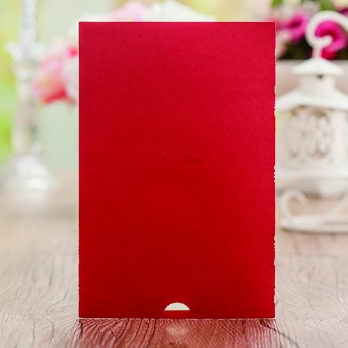 Miniatura 7 de Hosmsua - Juego de 50 invitaciones de boda de encaje rojo cortado con láser de 5 x 7.4 pulgadas con lazo floral dorado rosa para boda, compromiso,