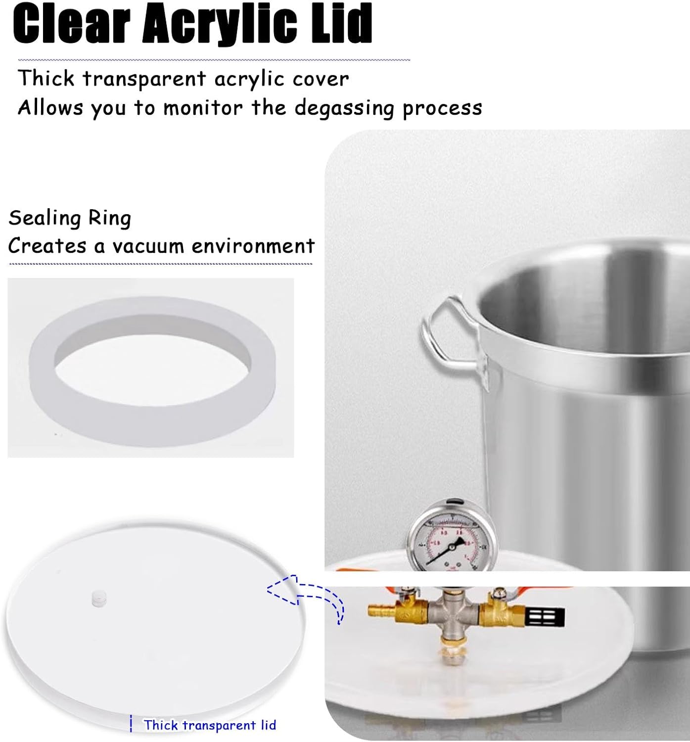 Vacuum Chamber Stainless Steel Vacuum Chamber for Epoxy Resin, 6L/12L/21L/50L Lab Degassing Barrel Kit Without Pump, Vacuum Bubble Remover for DIY Silicone Mold(1.6 Gallon/6L)