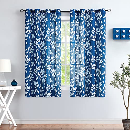 Image of Treatmentex Navy and White Curtains for Bedroom 63 inch Length Leaf Print Curtains for Windows Semi-Sheers, Royal Blue Grommet Top, 2 Pack