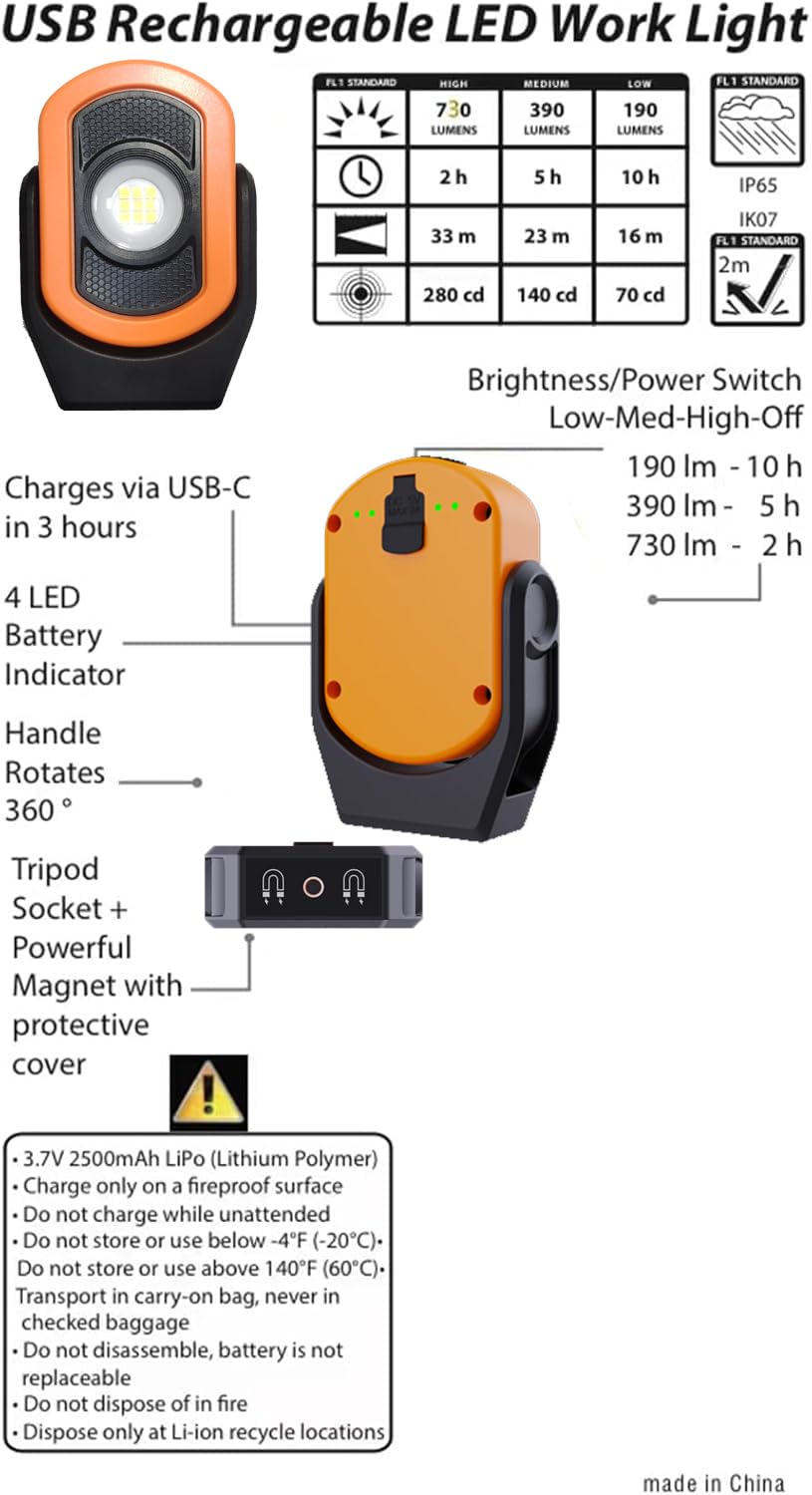 Wiederaufladbares Arbeitslicht, 780 Lumen, wiederaufladbares Arbeitslicht mit magnetischem Licht, wiederaufladbar über USB, für Mechaniker Werkstatt