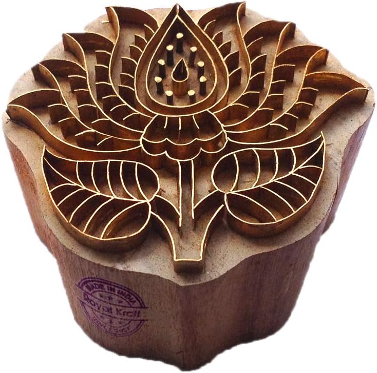 Trendy Printing Stamp Brass Lotus Shapes Wooden Clay Block BSCtag006