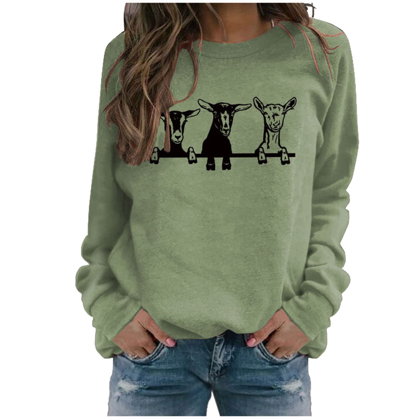 DovfordWomen Funny Goats Graphic Sweatshirt Cute Animal Print Farm Shirt Long Sleeve Crewneck Comfy Pullover Tops Spring