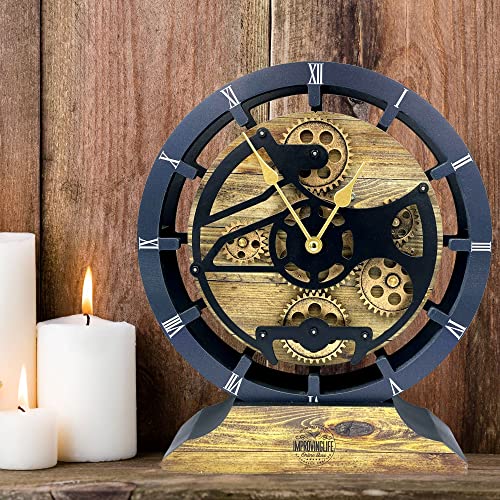 Desk Clock 10 Inches With Real Moving Gears Convertible Into Wall Clock (Gold Antique) #TOP3