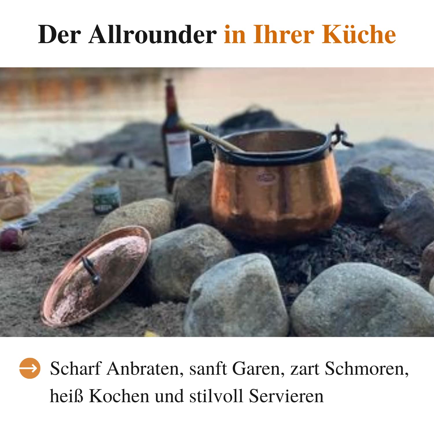 CopperGarden Kupferkessel 10 Liter I Hexenkessel mit Henkel & Deckel I Handgeschmiedeter Kessel aus blankem Kupfer I ideale Wärmeleitung I Feuerkessel zum Kochen I für Gas & Elektroherd geeignet