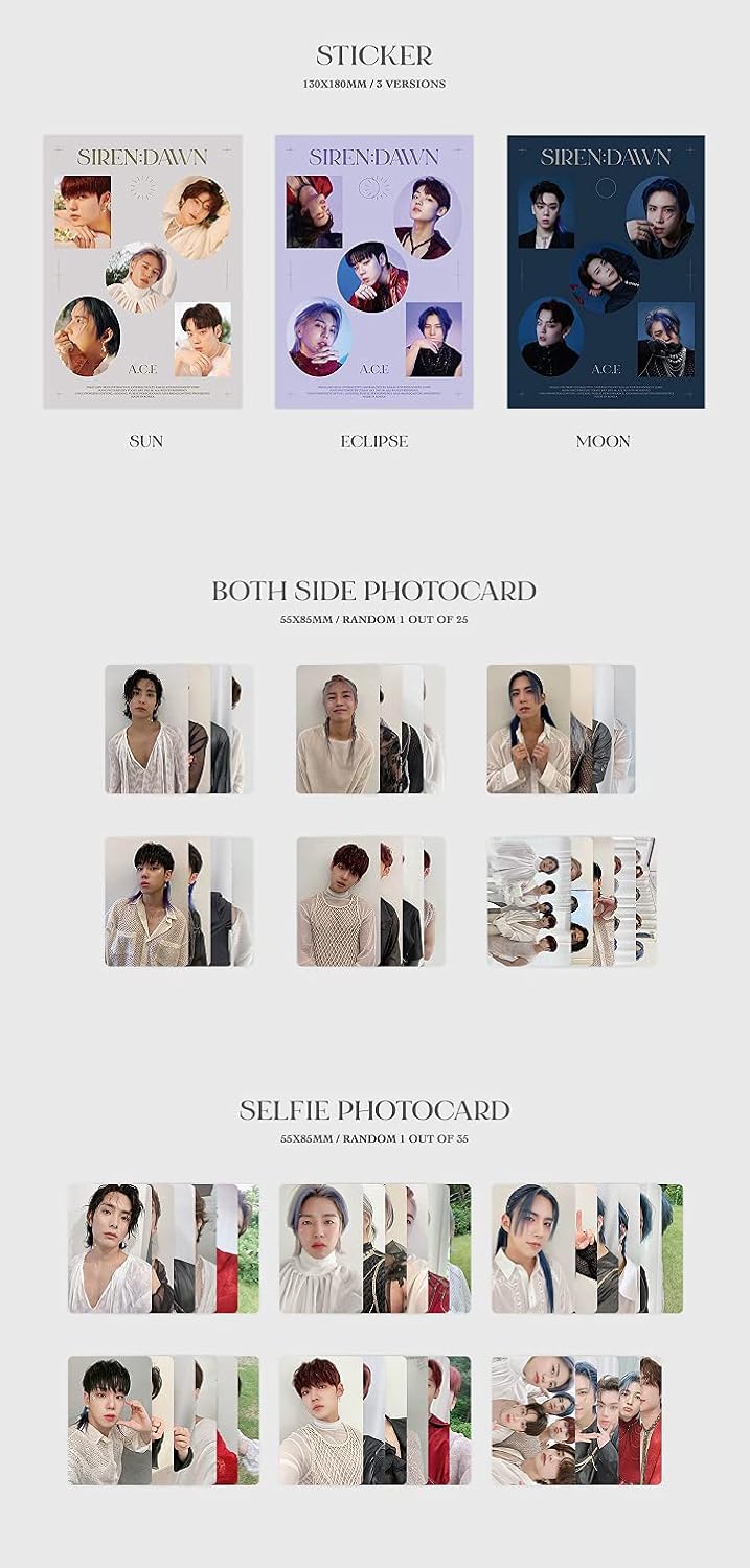 A.C.E Siren : Dawn 5th Mini Album Sun-White Version CD+1p Poster+76p PhotoBook+1p Sticker+1p Both Side PhotoCard+1p Selife PhotoCard+1p Lenticular PhotoCard+Tracking Kpop Sealed