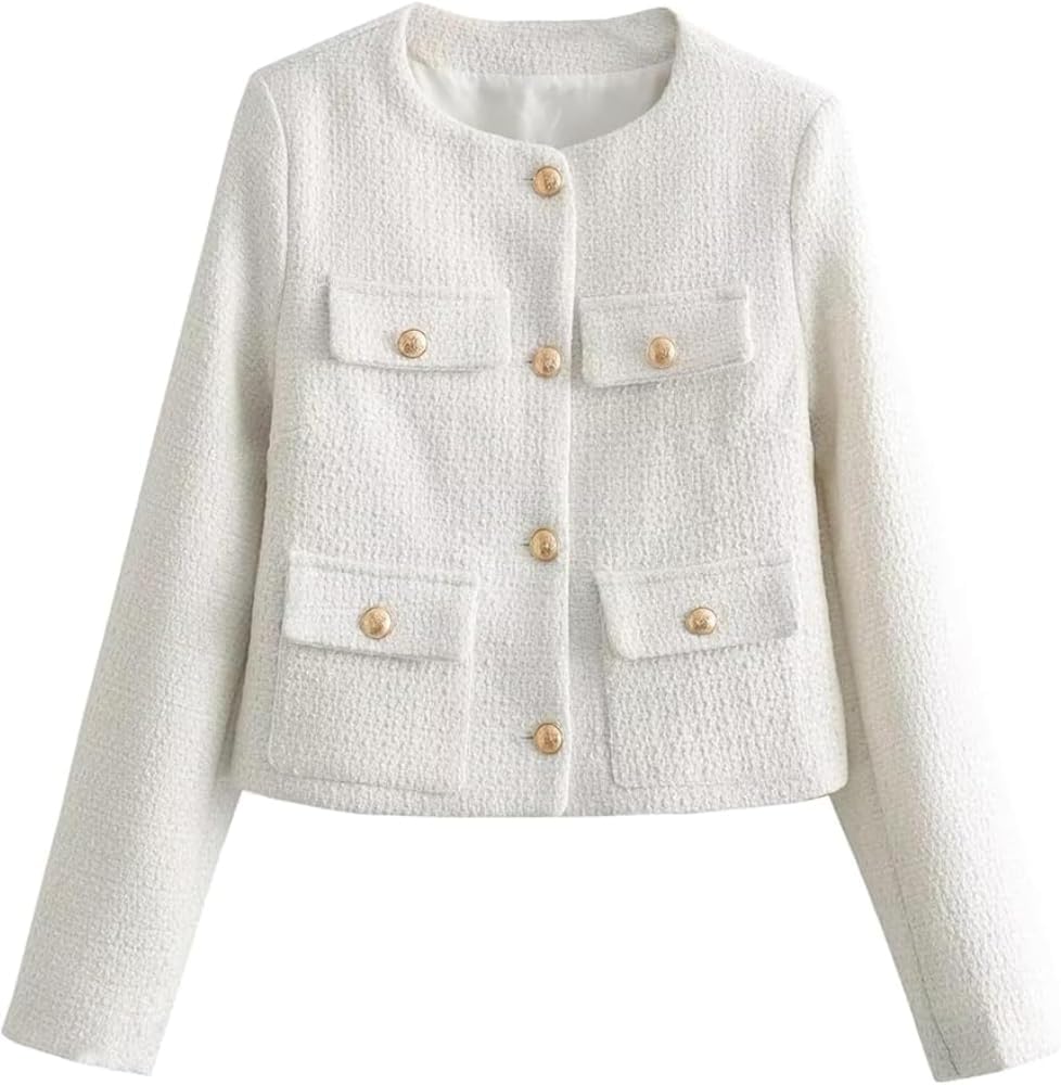 Blazer Doppiopetto da Donna in Tweed Elegante, a Maniche Lunghe, da Ufficio, Professionale, Blu Chiaro, Taglia Piccola