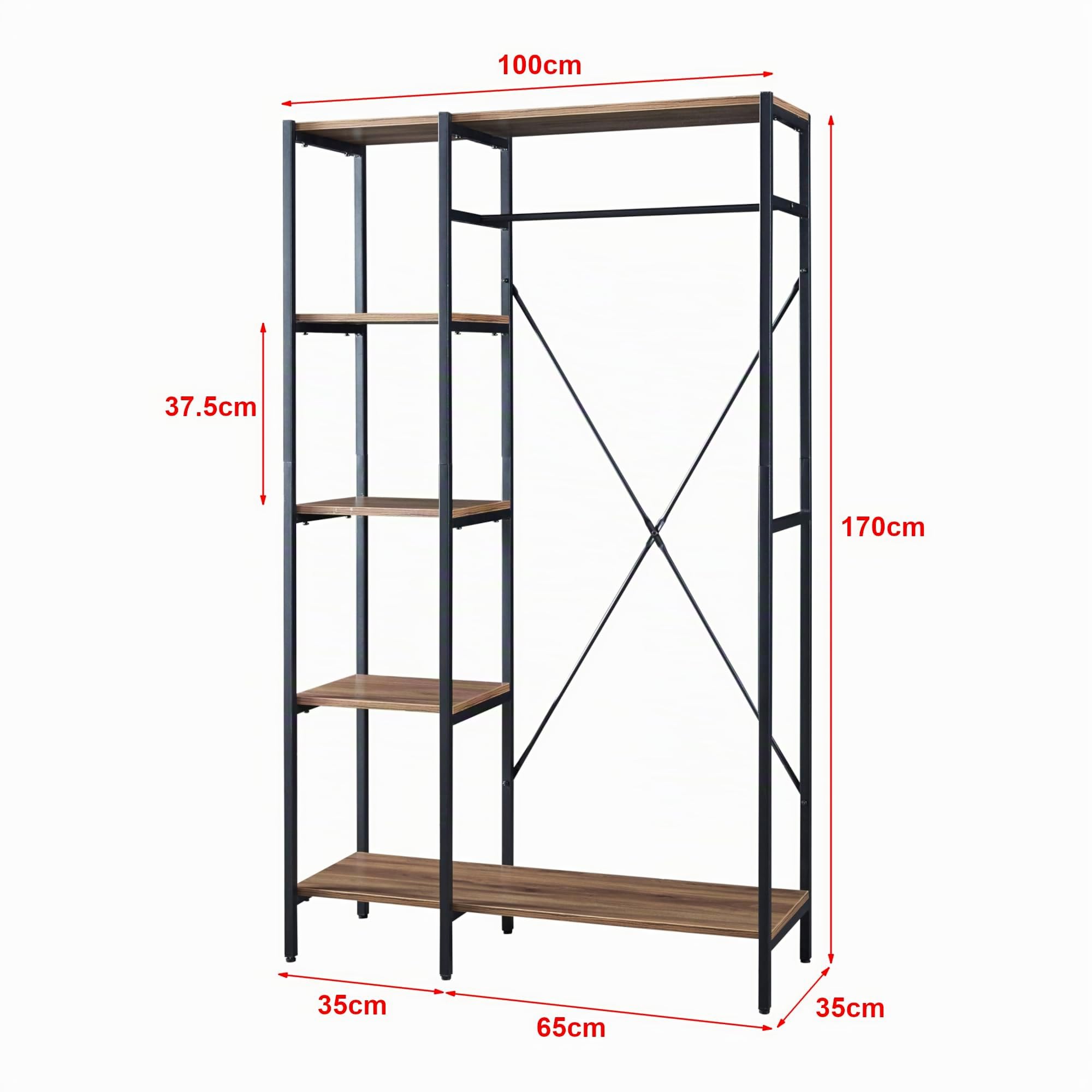 [en.casa] Armadio Aperto per Guardaroba Stand Appendiabiti Organizzatore con Scomparti e Asta Porta Abiti Telaio in Metallo Ripiani in color Legno Scuro
