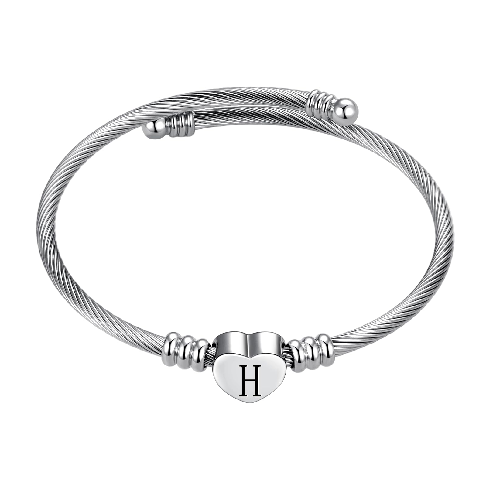 Silver Initial Letter Cuff Bracelet for Women Expandable Stainless Steel Heart Bangle Bracelets for Women Personalized Jewelry