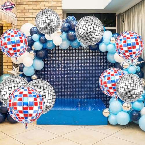 Image of 6pcs 22 Inch Colorful Disco Ball Balloons, Silver Big Disco Balloons, Blue Red Silver 4d Large Foil Balloon For Birthday Baby Shower Independence Day 70s 80s 90s Theme Party Wedding Engagement