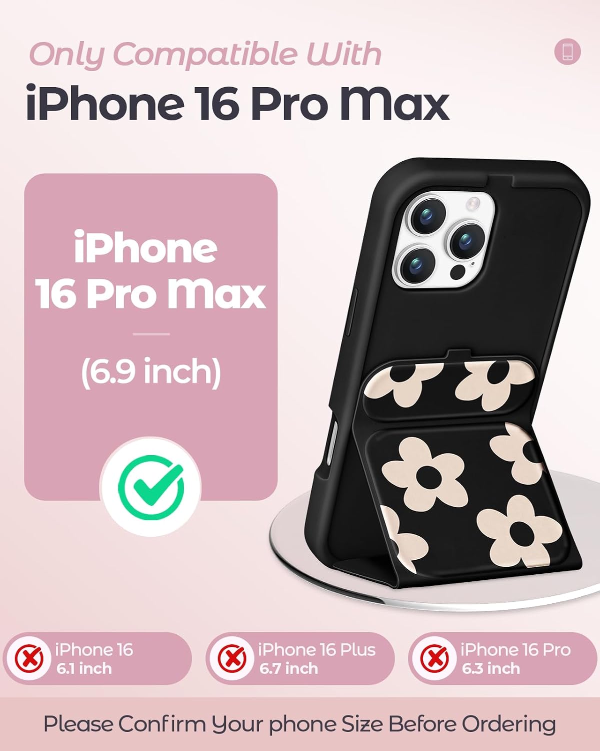 Camera Cover Stand Case for iPhone 16 Pro Max - Women Mujer Girl Girly Unique Cute Aesthetic PU Leather Folio Folded Flipped Holder with Magnetic Closure, Black White Flower image 2