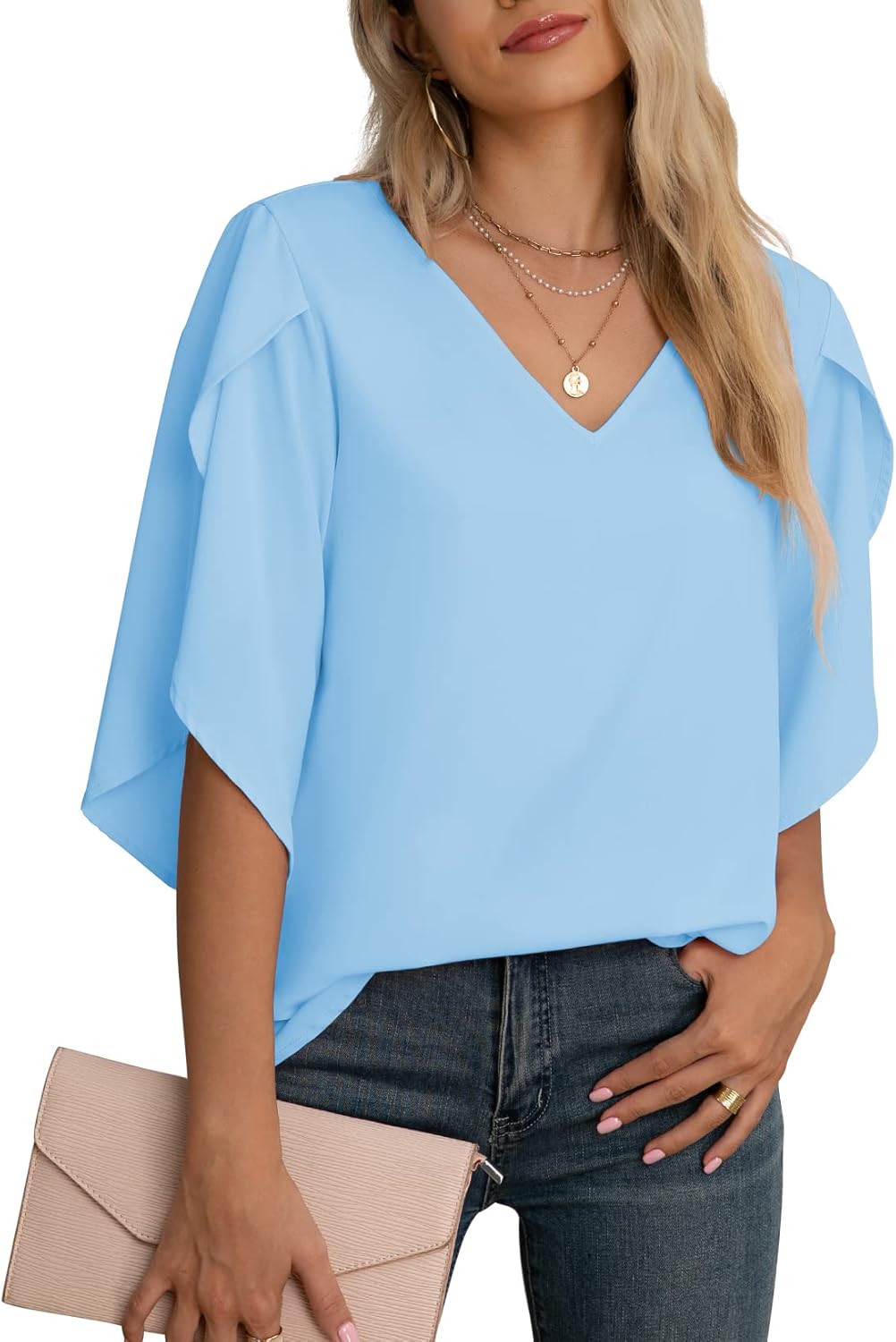 Jouica Women Blouses Casual Chiffon Tops Summer 3/4 Ruffled Sleeve Blouse for Women