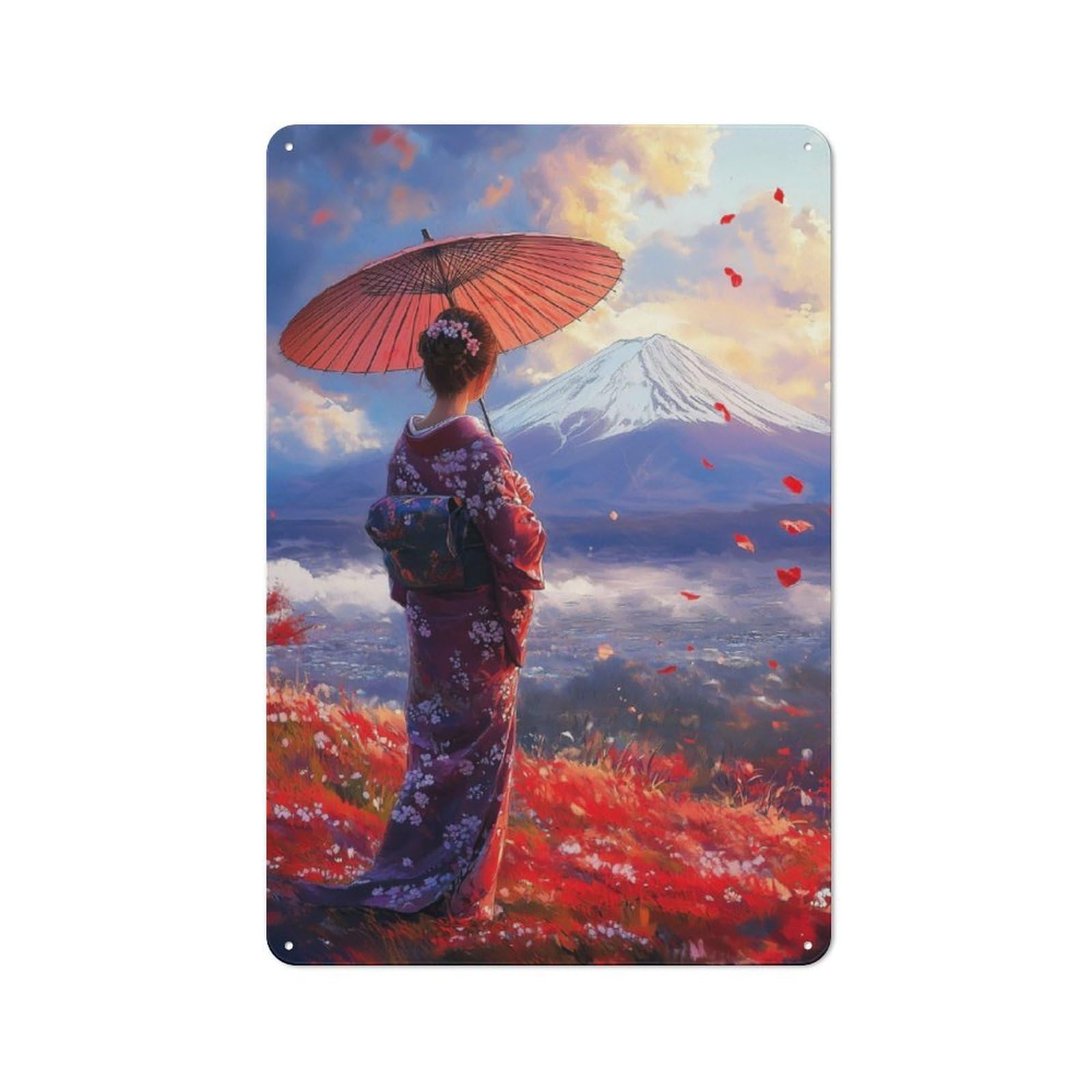 Junmoney Geisha Looking At Fuji Rustic Tin Wall Plaque 30X20cm, Rustic Kitchen Decor For Cottage, Kitchen, Hallway Or Breakfast Nook