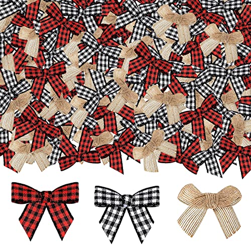 JOICEE 120pcs Christmas Mini Burlap Bow Buffalo Plaid Bows for Craft, Red and Black Checkered Gingham Ribbon Farmhouse Home Decoration for Christmas Tree Gift Decorations