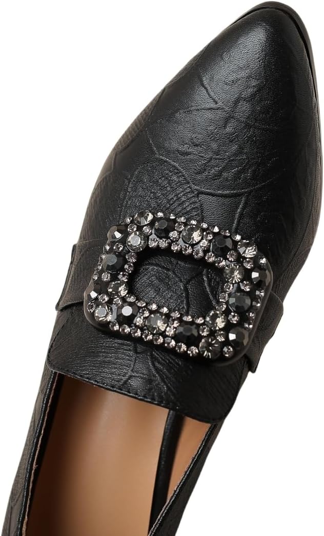 TinaCus Embossed Genuine Leather Women's Pointed Toe Handmade Crystal Buckle Chunky Heels Pumps Shoes