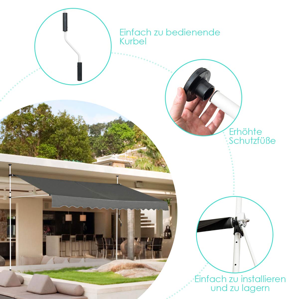 GOPLUS Klemmmarkise 400cm breit, Markise Balkon ohne Bohren, Markise mit Handkurbel, UV-beständig höhenverstellbar wasserabweisend, Sonnenschutz für Balkon Terrasse & Garten (Grau, 400cm)
