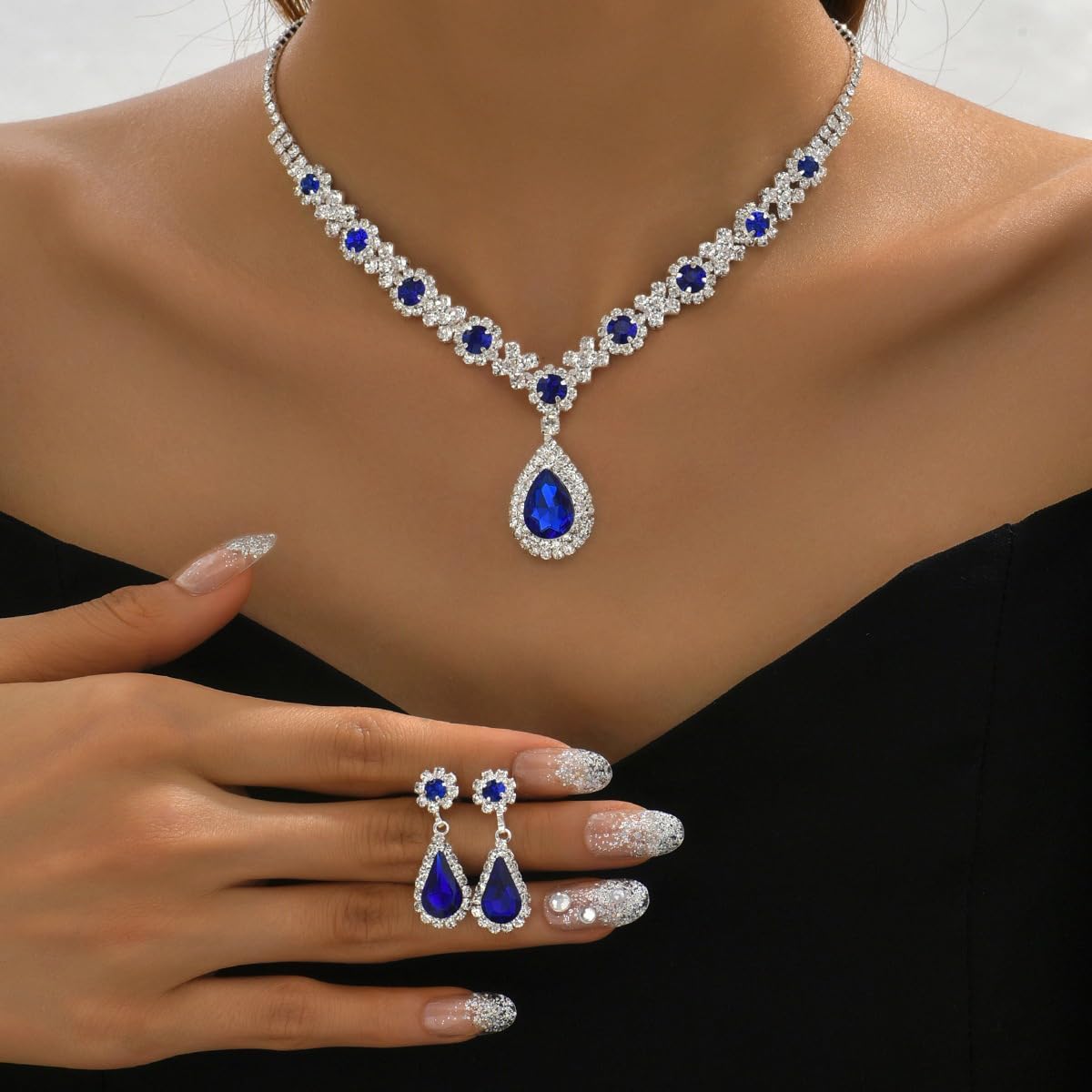 Rhinestone Waterdrop Bridal Necklace Earring Set for Women Silver Crystal Wedding Choker Necklace Geometry Teardrop Dangle Drop Earrings Wedding Party Prom Jewelry Set for Bridal Bridesmaid (Blue) - Image 2