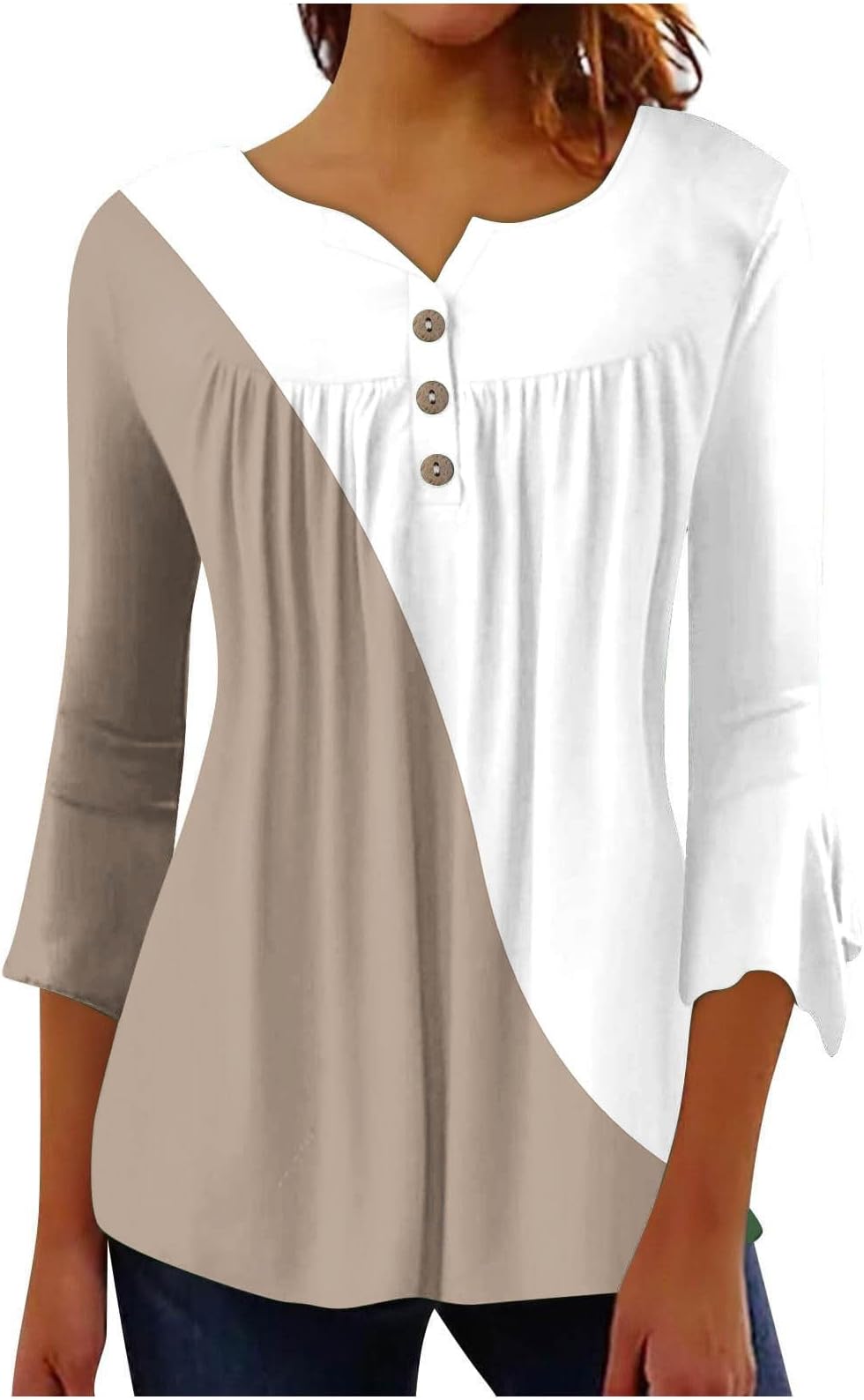 SMIDOWWomen's 3/4 Sleeve Tops Button Down Shirts Spring Blouse Tees T-Shirt Color Block Stripe Tunic Tops Hide Belly Shirts