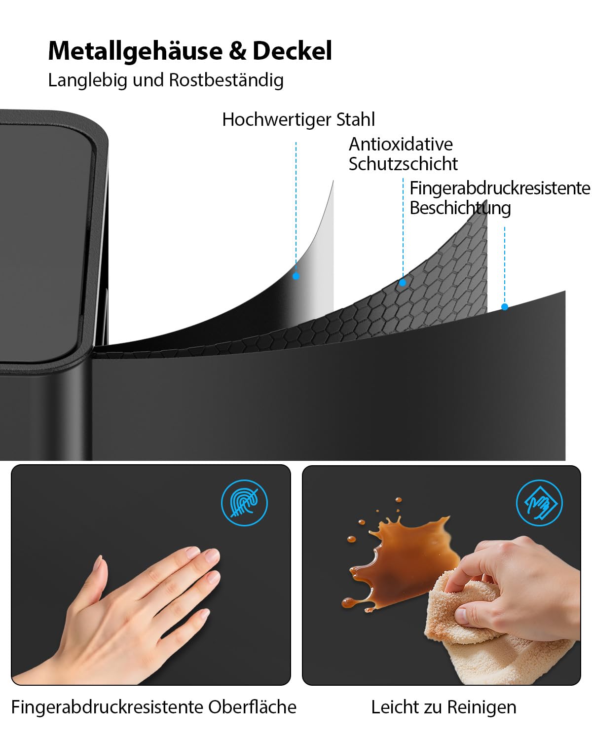 lovewind Mülleimer, 3 x 17 l Recyclingeimer, 3-Fach-Mülleimer für Recycling und Abfall, inklusive magnetisches Etikett, Soft-Close-Deckel, Pedale, Inneneimer, Stahl,Schwarz