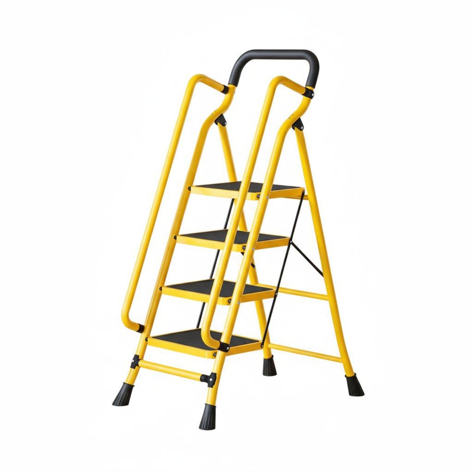 Folding Step Ladder Foldable Design Angled-Leg Design Ladder with Handrail Wide Anti-Slip Steps Portable Steel Step Stool for Adults, Kitchen, Garage 4-Step with Handrail Yellow-image-4