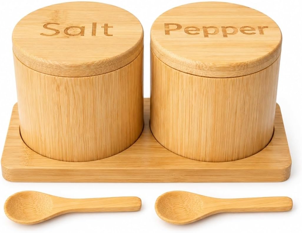 2-Piece Bamboo Salt and Pepper Boxes with Tray, Engraved Salt & Pepper, 9OZ