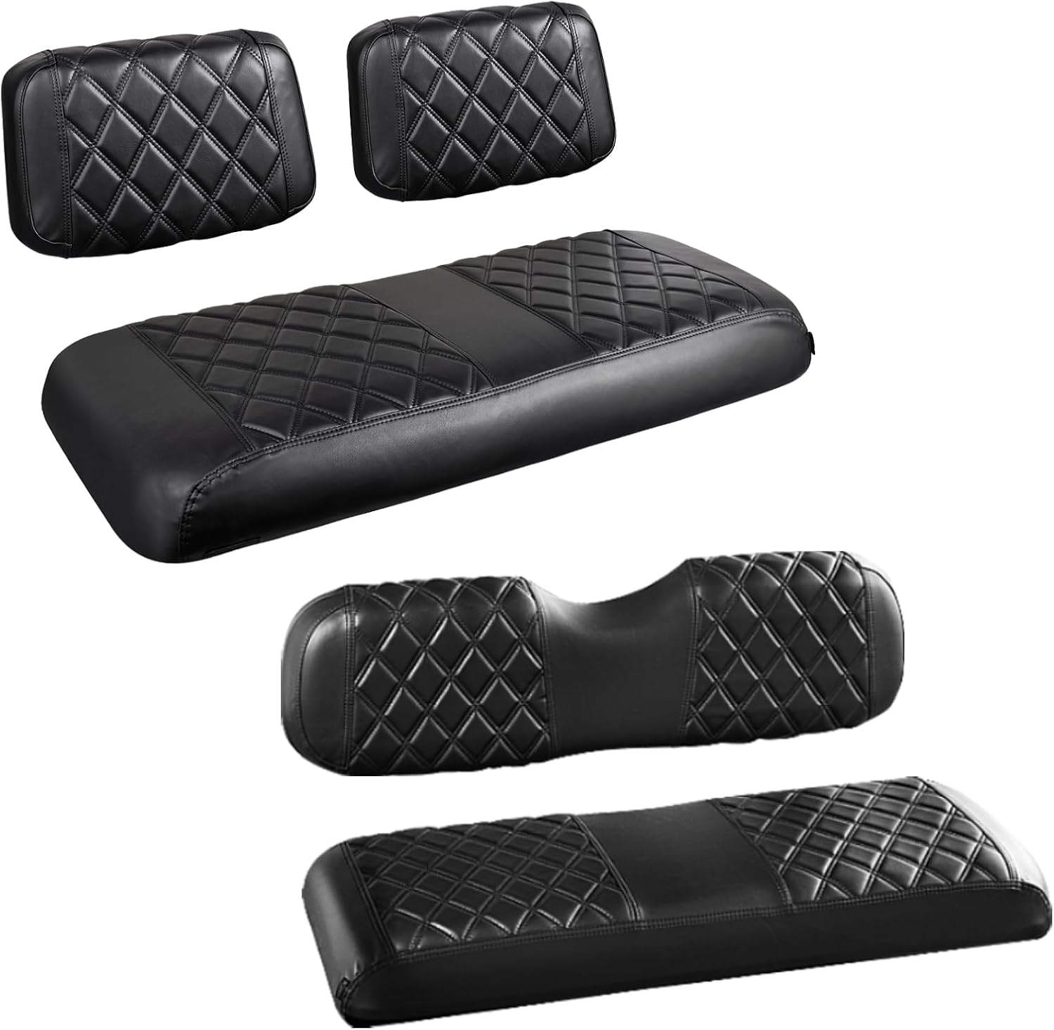 NOKINS 4PCS Golf Cart Diamond Seat Covers Kit,Front and Rear Seat Covers for Club Car DS Pre-2000 OEM Original Regular Seat Cushion, No Stapler, Golf Cart Vinyl Replacement Seat Cover,Black Stitching