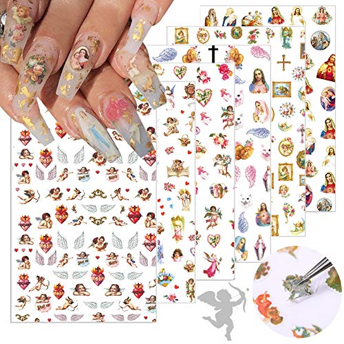 3D Angel Cupid Nail Art Stickers 6 Sheets Baby Angels Self-adhesive Nail Art Accessories Decals Virgin Mary Jesus Christ Pattern Sticker Nail Art Design Stencil Manicure Tips Arts DIY Nail Decorations