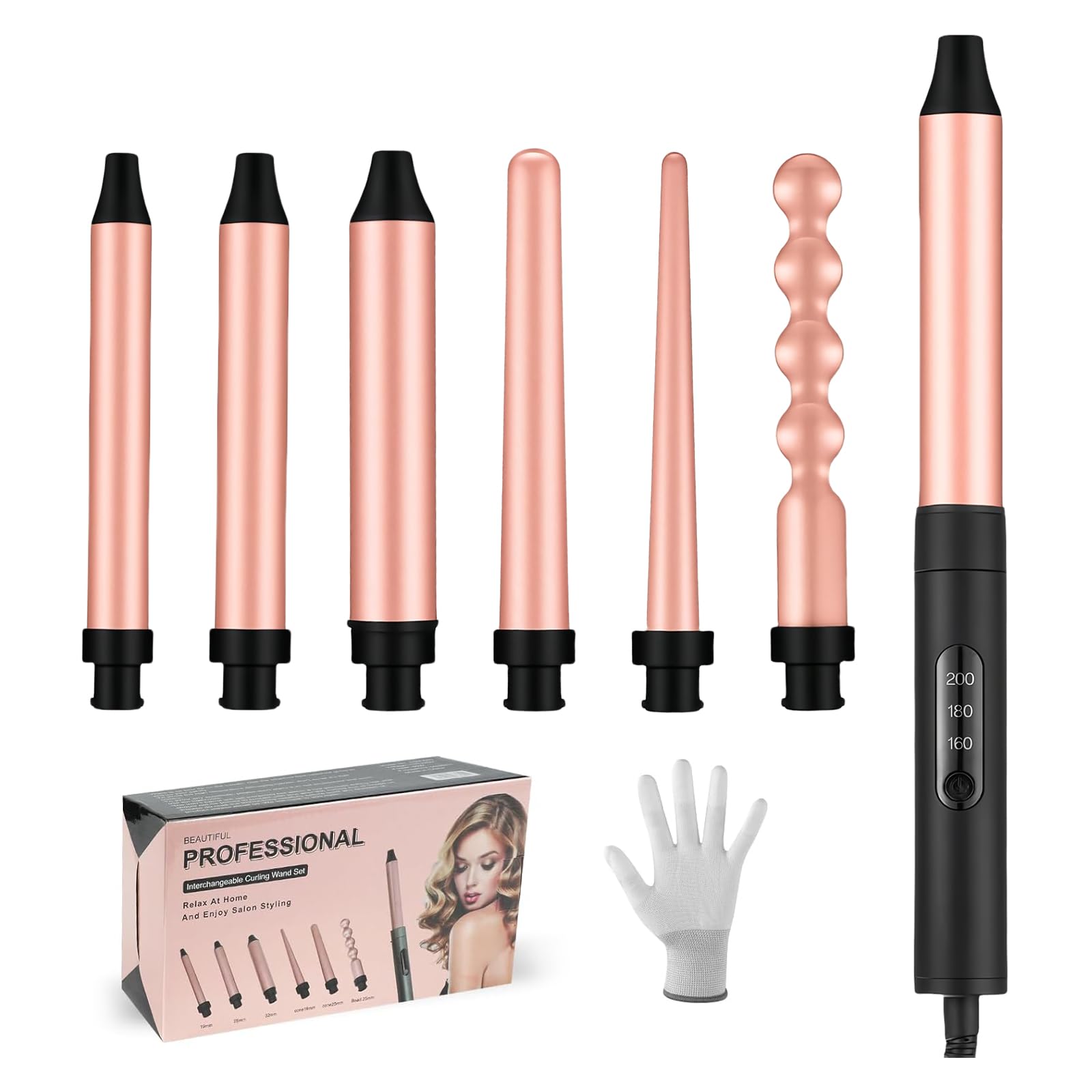 flintronic 6-in-1 Lockenstab-Set mit Keramikbeschichtung, Multifunktions Austauschbare Lockenstäbe mit LCD Anzeige, 160°C-200°C, Temperaturverstellbar, für Große Locken und Kleine Locken