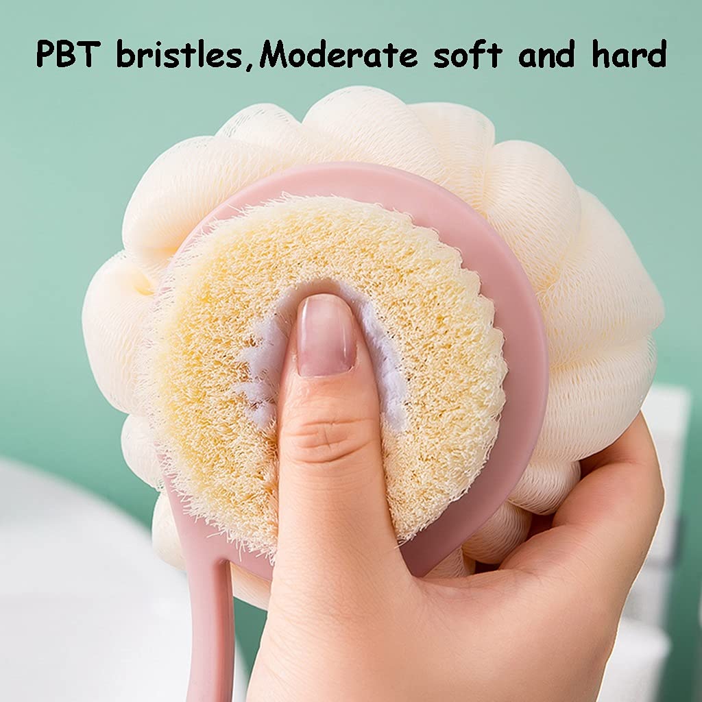 Badebürste Mit Weichen PBT-Borsten, Körperbürste Mit Rutschfestem PP-Griff, Haushalts-Badeball-Rückenbürste Mit Doppelseitigen Borsten(White+Pink,15Inches*2)