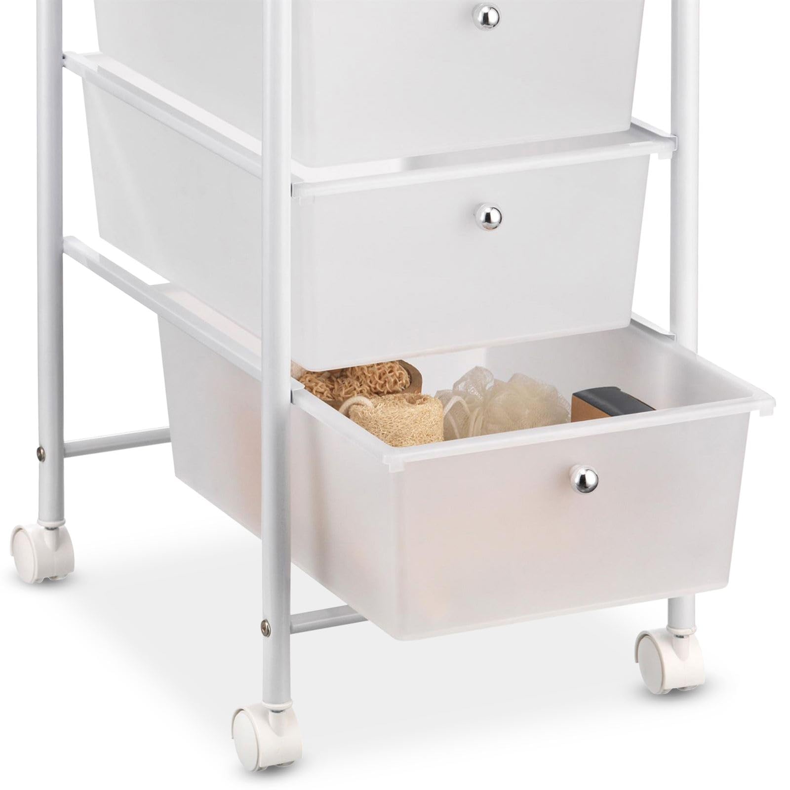 IDIMEX Caisson sur roulettes GINA Chariot avec 3 tiroirs en Plastique Blanc Transparent et 1 étagère, Meuble de Rangement pour Salle de Bain en métal laqué Blanc