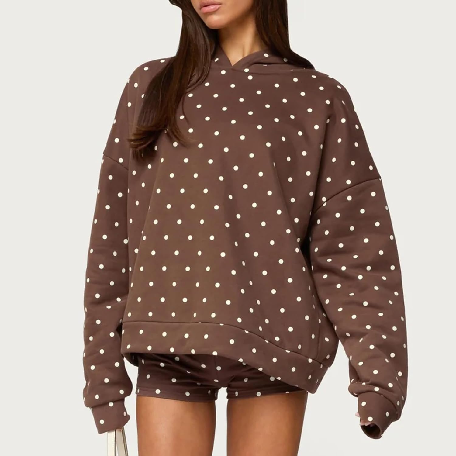 Women 2pcs Sweatshirt Shorts Set Long Sleeve Polka Dot Print Loose Hooded Sweatshirt Fold Over Shorts Outfits - Image 2