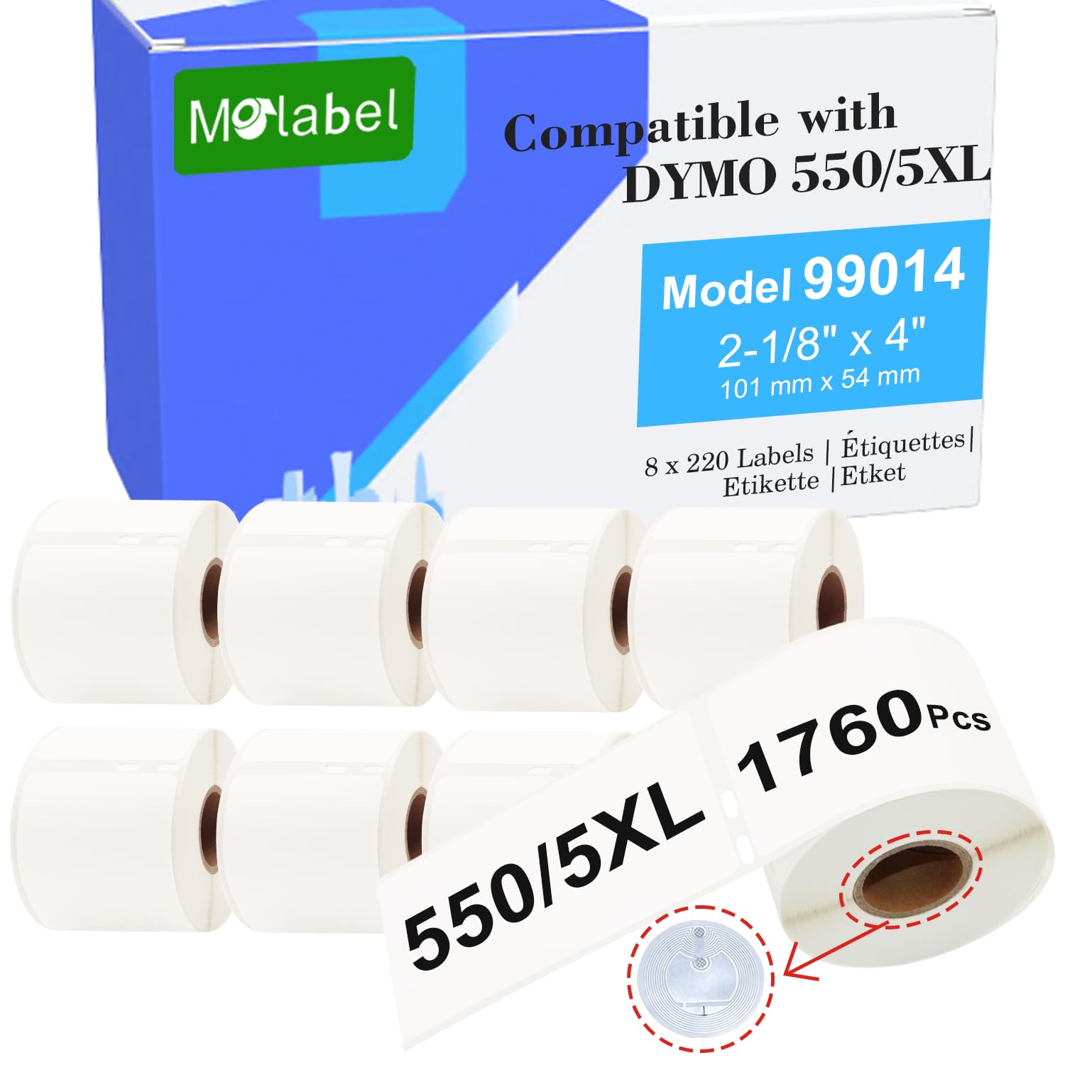 etichette per indirizzi con chip RFID – 8 rotoli compatibili Dymo 99014 S0722430, 54 x 101 mm, 220 etichette/rotolo, per stampanti Dymo LabelWriter 550, 550 Turbo, 5XL e altre