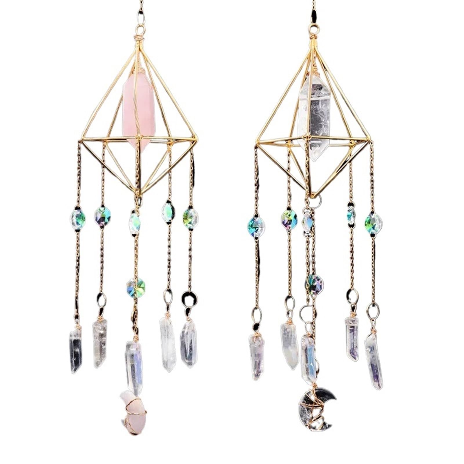 Ppqiru Pink White 2Pcs Crystal Double Pointed Column Moon Creative Wind Chime Pendant Decoration Garden For Decoration(Pink White)