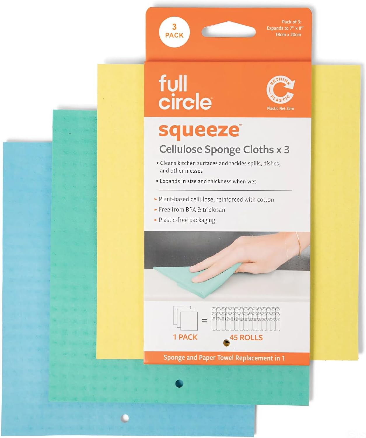 Squeeze - Cellulose Sponge Cloths, Super Absorbent Dishtowels, Reuseable Paper Towel Alternative, 100% Natural Plant-Based, 3-Pack, Multicolor