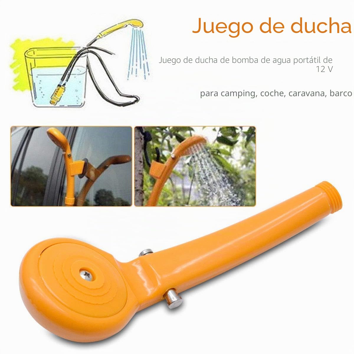 Riloer kit de ducha portátil para exteriores, duchas portátiles de camping de 12 V con bomba de agua, cable de 5 metros con toma de mechero, máximo 7 litros de agua por minuto compacto