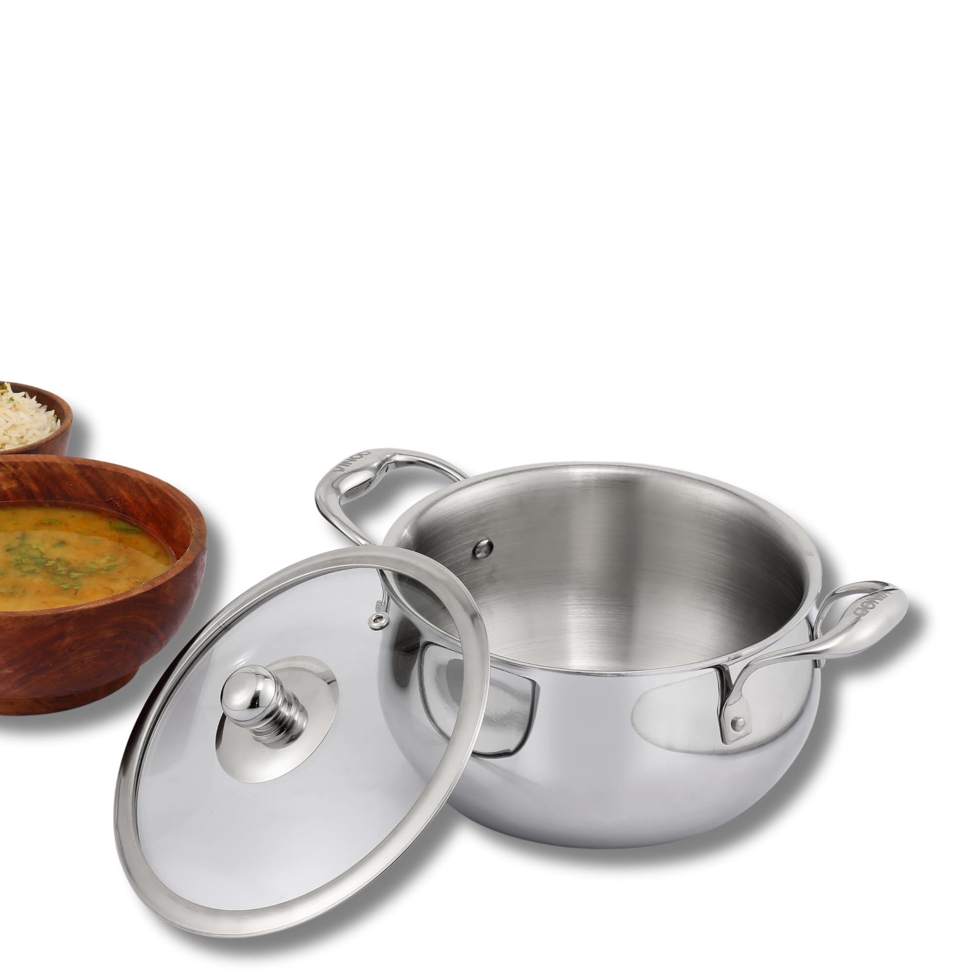 Vinod Belly Shape Platinum Triply Stainless Steel Saucepot - 3.7 Litre, 20cm | Glass Lid | Biryani Pot | Rivetted Handle | Induction & Gas Base - 5 Year Warranty