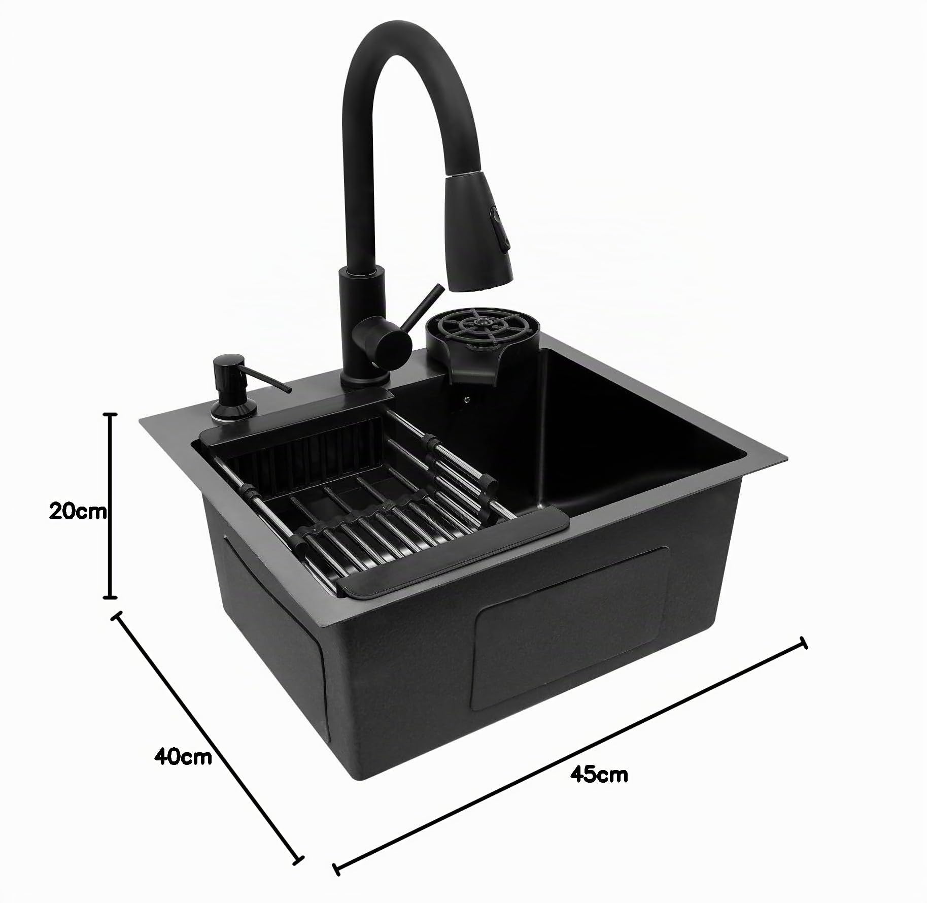 Lavello Nero Lavandino Nero 40x45cm Lavello da Incasso Linea a X Lavello da Cucina Cucina Lavello Includi Rubinetto Estensibile, Spazzola per Tazze, Sgocciolatore e Distributore di Sapone